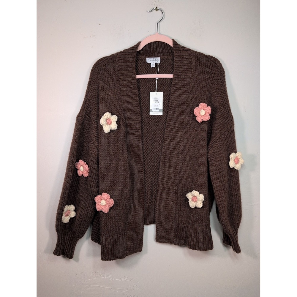 Mud Pie Dianne Ivon Flower Brown Cardigan OSFA New